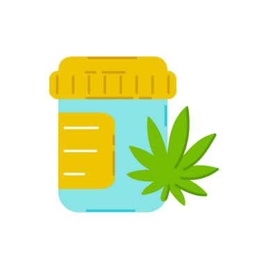 Marihuana otlu hap şişesi. Vektör eğilimli düz çizgi resimleme simgesi. Beyaz arka planda izole edilmiş. Tıbbi marijuana konsepti