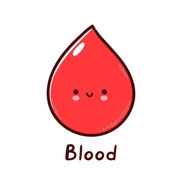 Lindo personaje divertido y divertido gota de sangre humana. Icono de ilustración de personaje kawaii de línea plana vectorial. Aislado sobre fondo blanco. Gota de sangre con el concepto de mascota personaje cara — Vector de stock