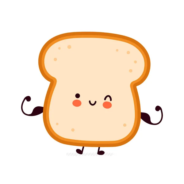 Niedlich lustig starke Brot Toast zeigen Muskelcharakter. Vector flache Linie Karikatur kawaii Charakter Illustration Symbol. Vereinzelt auf weißem Hintergrund. Toast mit Maskottchen-Konzept — Stockvektor