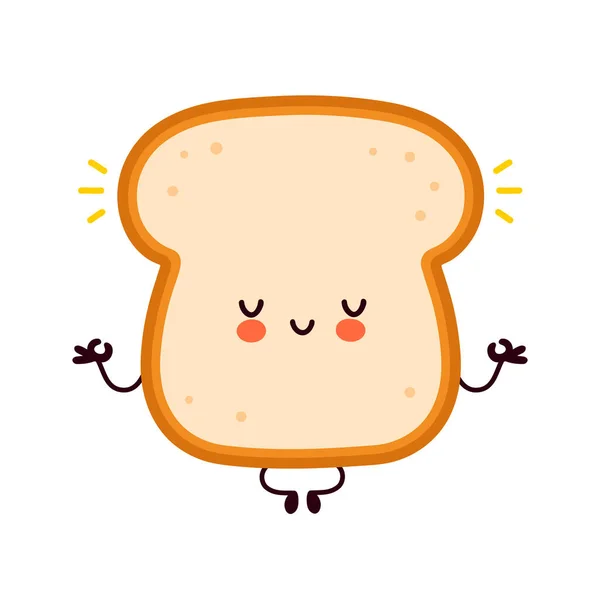 Nette lustige glücklich Brot Toast Charakter meditieren. Vector flache Linie Karikatur kawaii Charakter Illustration Symbol. Vereinzelt auf weißem Hintergrund. Toast mit Maskottchen-Konzept — Stockvektor