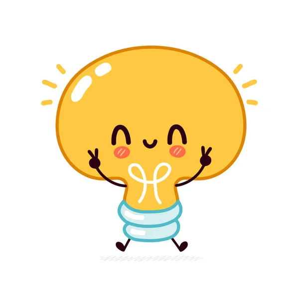 Linda bombilla divertida, carácter de la lámpara. Icono de ilustración de personaje kawaii de línea plana vectorial. Aislado sobre fondo blanco. Bombilla con cara carácter mascota concepto — Vector de stock