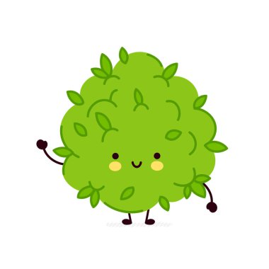 Sevimli komik marihuana otu karakteri. Vektör düz çizgi çizgi film Kawaii karakter resimleme simgesi. Beyaz arka planda izole edilmiş. Ot yüz karakter maskotu konsepti