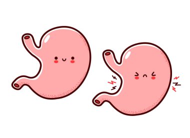 Şirin, sağlıklı ve hasta, komik, komik, insan mide organı karakteri. Vektör düz çizgi çizgi film Kawaii karakter resimleme simgesi. Beyaz arka planda izole edilmiş. Yüz karakterli mide maskotu konsepti