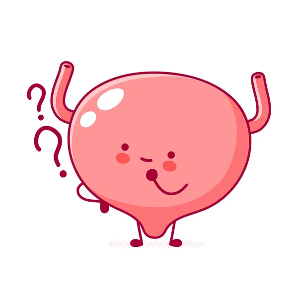 Lindo personaje divertido órgano de vejiga humana con signos de interrogación. Icono de ilustración de personaje kawaii de línea plana vectorial. Aislado sobre fondo blanco. Vejiga con el concepto de mascota personaje cara — Vector de stock