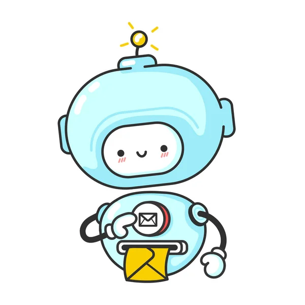 Robô engraçado bonito, bate-papo bot imprime carta. Vetor linha plana desenho animado ícone de ilustração personagem kawaii. Isolado em fundo branco. Robô, conceito de personagem mascote bot —  Vetores de Stock