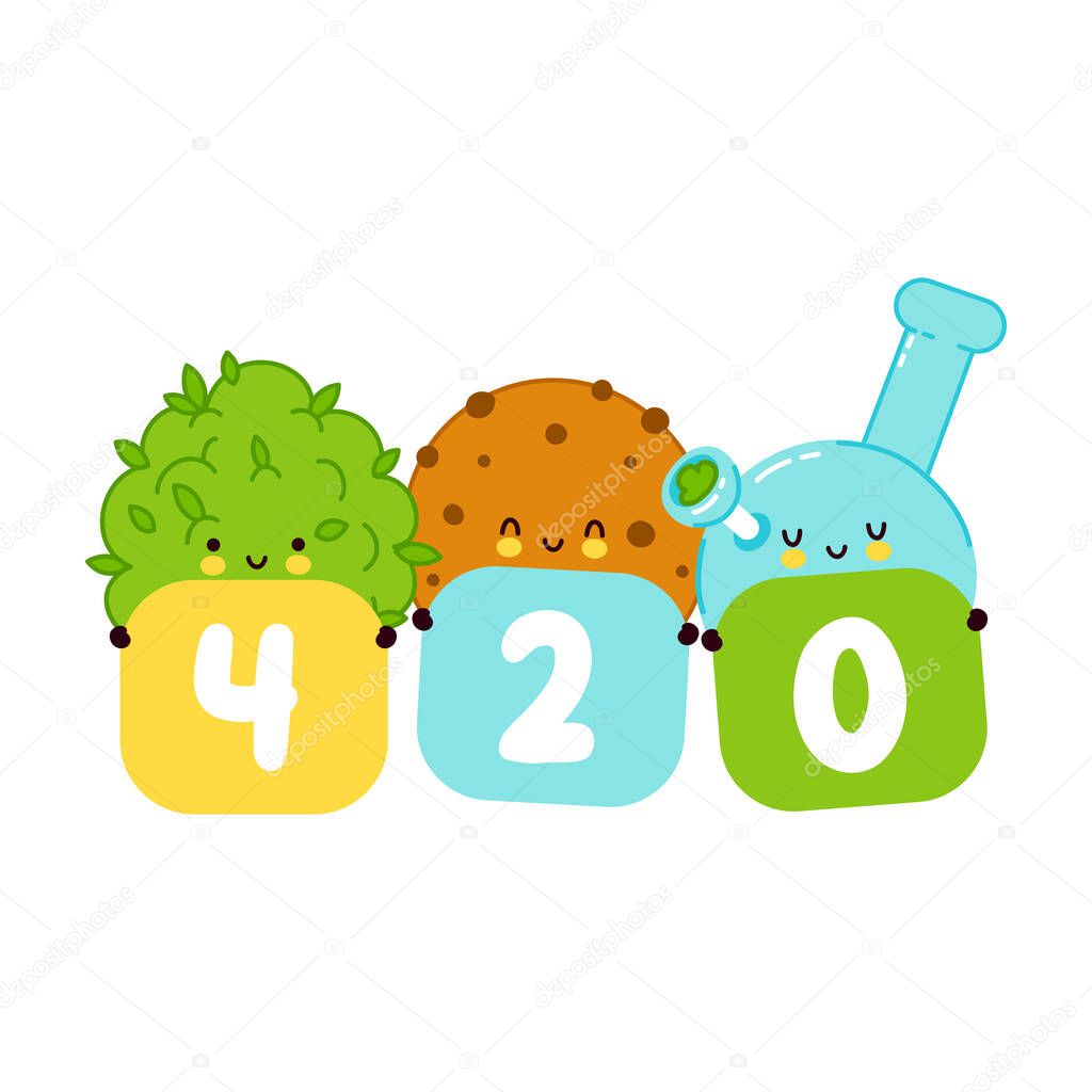 Cute smiling happy cookie,weed bud and bong. 420 card,poster. Vector flat cartoon character illustration.Isolated on white background. Weed smoke concept