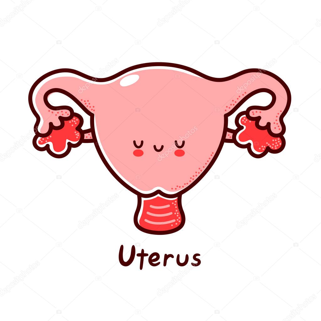 Cute happy funny human uterus organ character. Vector flat line cartoon kawaii character illustration icon. Isolated on white background. Uterus with face character mascot concept