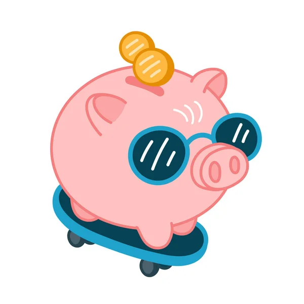 Una alcancía graciosa con gafas de sol en patín. Icono de ilustración de personaje kawaii de línea plana vectorial. Aislado sobre fondo blanco. Pig bank skateboarder carácter concepto — Vector de stock