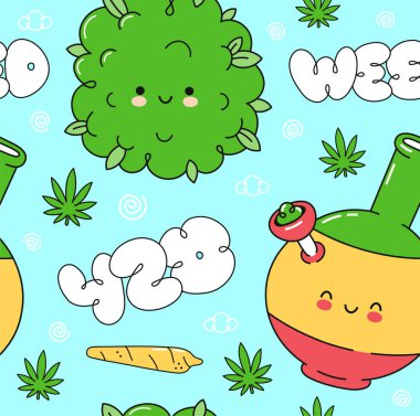 Ot marihuana desenli. Vektör düz çizgi film kawaii karakter çizim simgesi tasarımı. Trippy, weed, 420 model konsept
