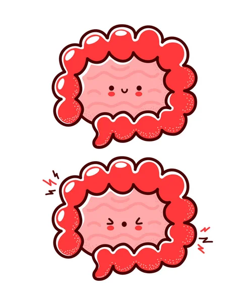 Lindo sano y enfermo triste divertido personaje del órgano del intestino humano. Icono de ilustración de personaje kawaii de línea plana vectorial. Aislado sobre fondo blanco. Intestino con el concepto de mascota de carácter facial — Vector de stock