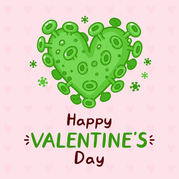 Corazón del virus Corona. Feliz tarjeta de San Valentín. Icono de ilustración de personaje kawaii de línea plana vectorial. Concepto de San Valentín — Archivo Imágenes Vectoriales