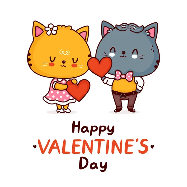 Lindos gatos divertidos pareja con corazones. Feliz tarjeta de San Valentín. Icono de ilustración de personaje kawaii de línea plana vectorial. San Valentín regalo corazón concepto. Aislado sobre fondo blanco — Archivo Imágenes Vectoriales