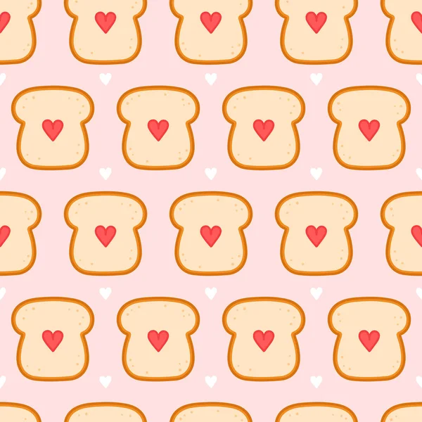 Söt bröd rostat med hjärtat sömlöst mönster. Vektor platt tecknad kawaii tecken illustration ikon design. Koncept för rostfria mönster — Stock vektor