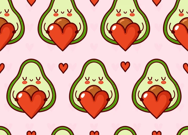 Lindo aguacate divertido con patrón sin costuras corazón. Vector plano de dibujos animados kawaii carácter ilustración icono de diseño. Aguacate presente corazón carácter inconsútil patrón concepto — Vector de stock