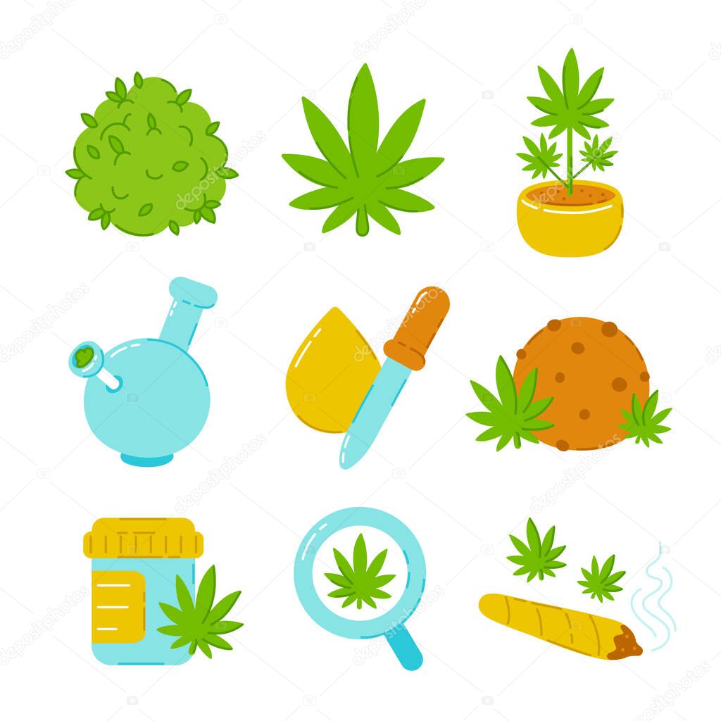 Marijuana weed set collection. Vector trendty flat line illustration icon. Isolated on white background. Medical marijuana bundle concept