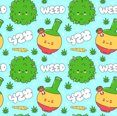 Ot marihuana desenli. Vektör düz çizgi film kawaii karakter çizim simgesi tasarımı. Trippy, weed, 420 model konsept