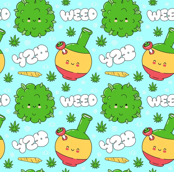 Patrón inconsútil de marihuana de hierba. Vector plano de dibujos animados kawaii carácter ilustración icono de diseño. Trippy, hierba, concepto de patrón 420 — Vector de stock