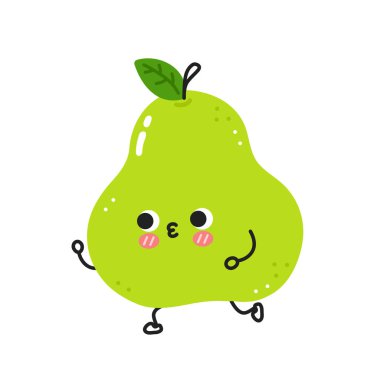 Şirin yeşil armut koşusu. Vektör düz çizgi çizgi film Kawaii karakter resimleme simgesi. Beyaz arka planda izole edilmiş. Armut meyve egzersizi karakter konsepti