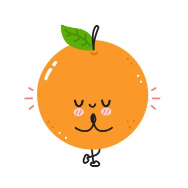 Yoga pozunda şirin turuncu meditasyon. Vektör düz çizgi çizgi film Kawaii karakter resimleme simgesi. Beyaz arka planda izole edilmiş. Turuncu meyve egzersizi karakter kavramı