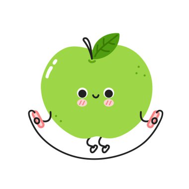 Şirin, komik bir elma, atlama ipiyle spor salonu yapıyor. Vektör düz çizgi çizgi film Kawaii karakter resimleme simgesi. Beyaz arka planda izole edilmiş. Apple meyve egzersizi karakter kavramı