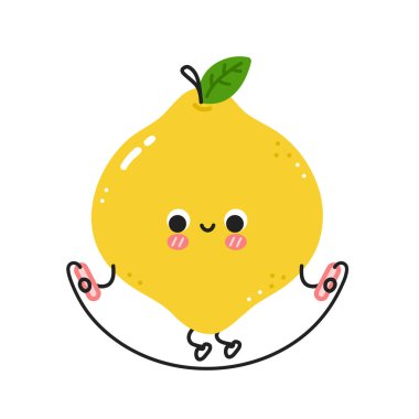Şirin komik limon atlama ipiyle spor salonu yapıyor. Vektör düz çizgi çizgi film Kawaii karakter resimleme simgesi. Beyaz arka planda izole edilmiş. Limon egzersizi karakter konsepti