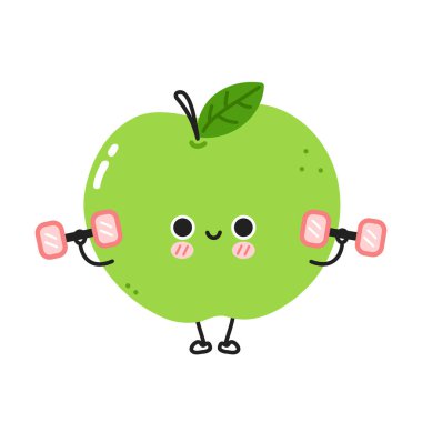 Şirin komik elma, dambılı spor salonu. Vektör düz çizgi çizgi film Kawaii karakter resimleme simgesi. Beyaz arka planda izole edilmiş. Apple meyve egzersizi karakter kavramı