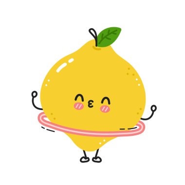 Sevimli, komik limon hulahop 'lu spor salonu. Vektör düz çizgi çizgi film Kawaii karakter resimleme simgesi. Beyaz arka planda izole edilmiş. Limon egzersizi karakter konsepti