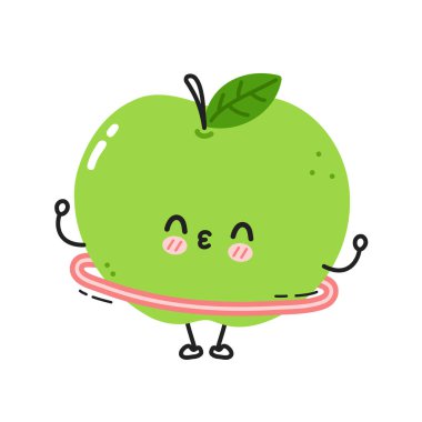 Şirin komik elma, hula-hup 'lı spor salonu. Vektör düz çizgi çizgi film Kawaii karakter resimleme simgesi. Beyaz arka planda izole edilmiş. Apple meyve egzersizi karakter kavramı