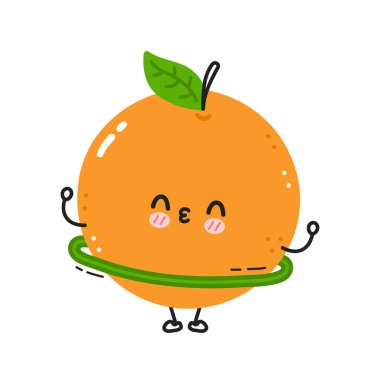 Şirin turuncu hulahop ile spor salonu yapıyor. Vektör düz çizgi çizgi film Kawaii karakter resimleme simgesi. Beyaz arka planda izole edilmiş. Turuncu meyve egzersizi karakter kavramı