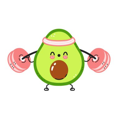 Komik avokado halterle spor yapıyor. Vektör düz çizgi çizgi film Kawaii karakter resimleme simgesi. Beyaz arka planda izole edilmiş. Avokado karakter çalışması kavramı