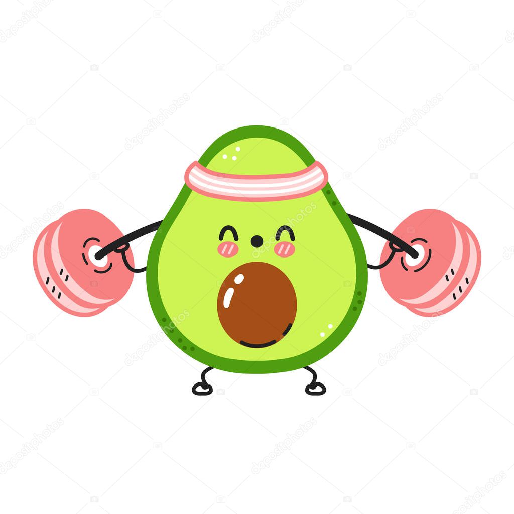 Cute funny avocado make gym with barbell. Vector flat line cartoon kawaii character illustration icon. Isolated on white background. Avocado workout character concept