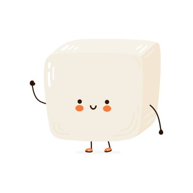 Sevimli komik tofu karakteri. Vektör el çizimi çizgi film kawaii karakter çizimi simgesi. Beyaz arka planda izole edilmiş. Tofu karakteri kavramı
