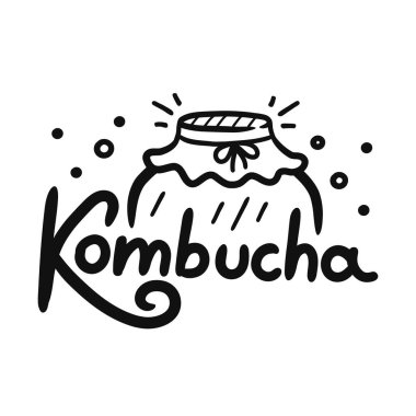 Kavanoz logolu Kombucha alıntısı. Vektör el çizimi karikatür çizimi. Beyaz arka planda izole edilmiş. Tişört, poster, kart logosu için Kombucha metin baskısı