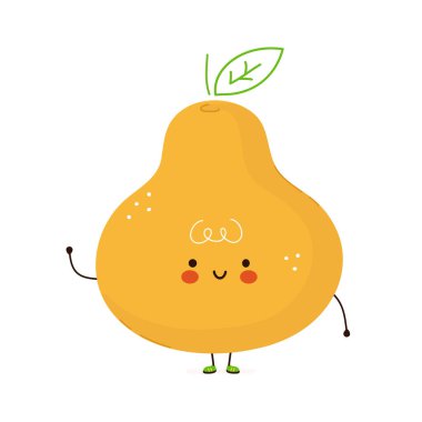 Tatlı komik armut meyvesi karakteri. Vektör el çizimi çizgi film kawaii karakter çizimi simgesi. Beyaz arka planda izole edilmiş. Armut meyve karakteri kavramı