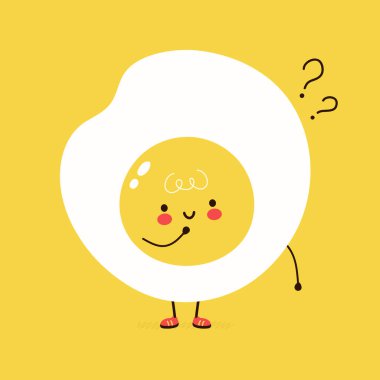 Cute funny Fried Egg with question marks. Vector hand drawn cartoon kawaii character illustration icon. Isolated on white background. Fried Egg think concept clipart