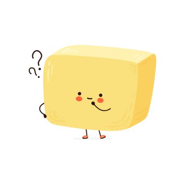 Soru işaretli sevimli komik tereyağı. Vektör el çizimi çizgi film kawaii karakter çizimi simgesi. Beyaz arka planda izole edilmiş. Tereyağı konsepti