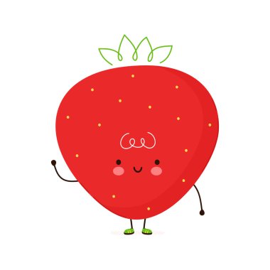 Sevimli komik Çilek karakteri. Vektör el çizimi çizgi film kawaii karakter çizimi simgesi. Beyaz arka planda izole edilmiş. Çilek karakteri kavramı