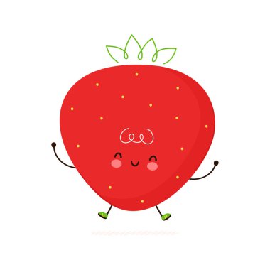 Sevimli komik Çilek karakteri. Vektör el çizimi çizgi film kawaii karakter çizimi simgesi. Beyaz arka planda izole edilmiş. Çilek karakteri kavramı