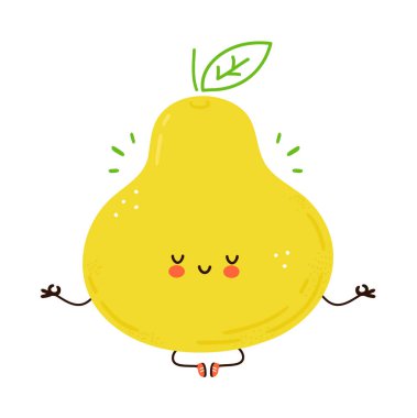 Tatlı armut meyvesi yoga pozunda meditasyon yapıyor. Vektör el çizimi çizgi film kawaii karakter çizimi simgesi. Beyaz arka planda izole edilmiş. Armut meyvesi meditasyon konsepti