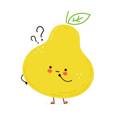 Soru işaretli şirin armut meyvesi. Vektör el çizimi çizgi film kawaii karakter çizimi simgesi. Beyaz arka planda izole edilmiş. Armut meyvesi konsepti