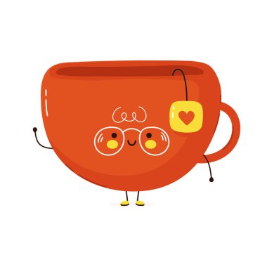 Tatlı komik çay fincanı karakteri. Vektör el çizimi çizgi film kawaii karakter çizimi simgesi. Beyaz arka planda izole edilmiş. Çay fincanı karakteri kavramı