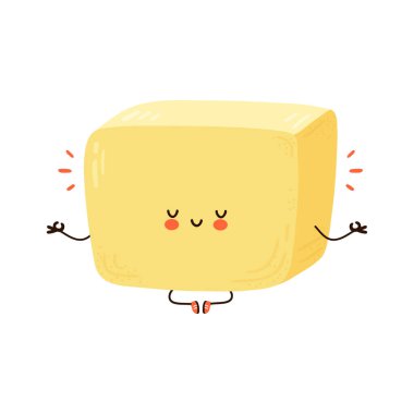 Yoga pozisyonunda tatlı komik tereyağı meditasyonu. Vektör el çizimi çizgi film kawaii karakter çizimi simgesi. Beyaz arka planda izole edilmiş. Tereyağı meditasyon konsepti