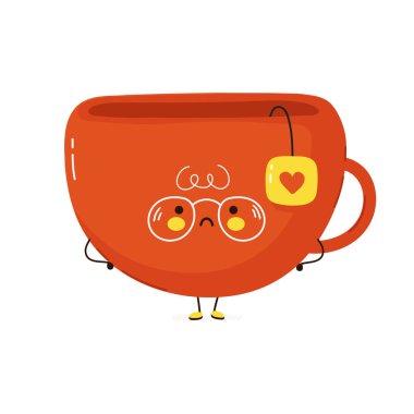 Sevimli üzgün çay fincanı karakteri. Vektör el çizimi çizgi film kawaii karakter çizimi simgesi. Beyaz arka planda izole edilmiş. Çay fincanı karakteri kavramı