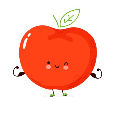 Şirin, komik elma meyvesi kasları. Vektör el çizimi çizgi film kawaii karakter çizimi simgesi. Beyaz arka planda izole edilmiş. Elma meyvesi konsepti