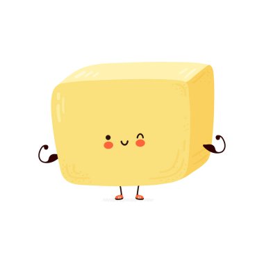 Sevimli komik tereyağı kas gösterisi. Vektör el çizimi çizgi film kawaii karakter çizimi simgesi. Beyaz arka planda izole edilmiş. Tereyağı fitness konsepti