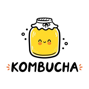 Kombucha alıntısı ve şirin mutlu kavanoz logosu. Vektör el çizimi çizgi film karakteri çizimi. Beyaz arka planda izole edilmiş. Tişört, poster, kart logosu için Kombucha baskısı