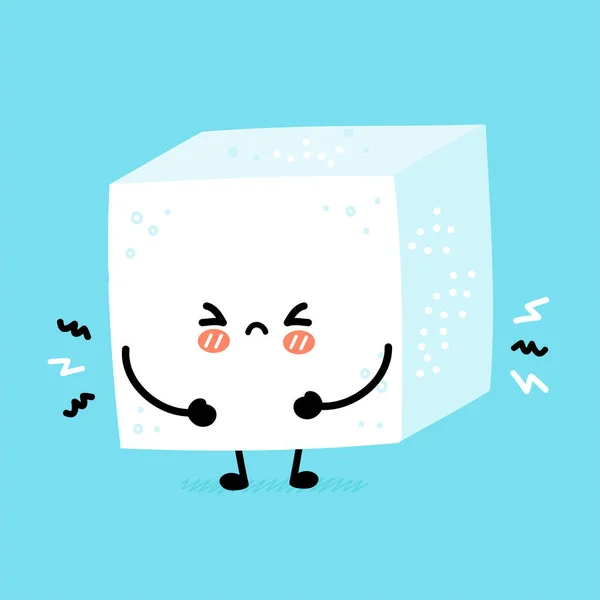 Lindo personaje divertido pedazo de azúcar triste cubo. Icono de ilustración de personaje kawaii de línea plana vectorial. Concepto de carácter cubo de azúcar — Vector de stock