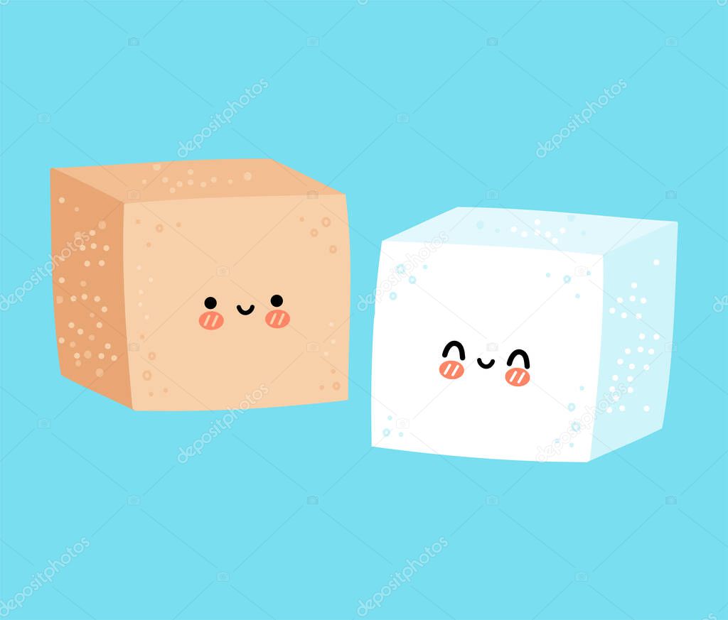Cute funny happy white and brown sugar piece cube character. Vector flat line cartoon kawaii character illustration icon. Sugar cube character concept