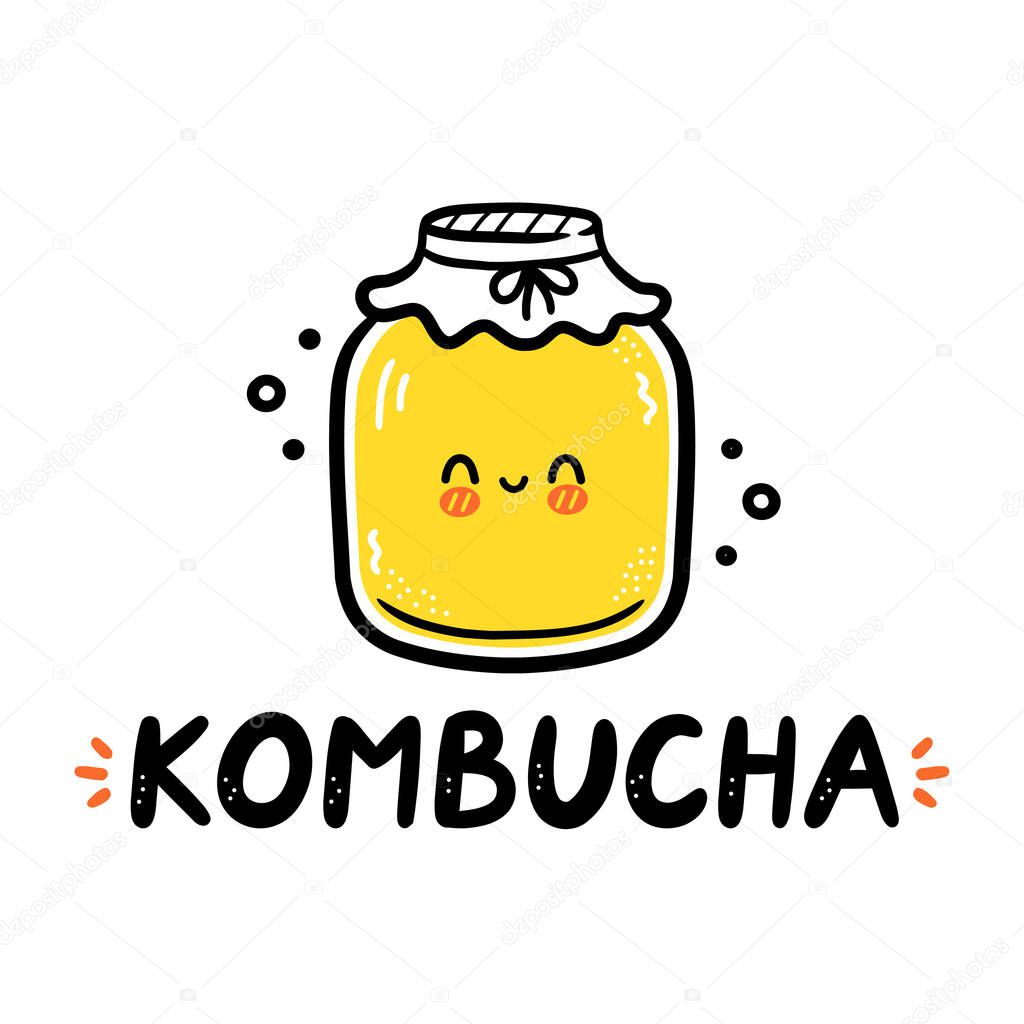 Kombucha quote and cute happy jar logo. Vector hand drawn cartoon character illustration. Isolated on white background. Kombucha print for t-shirt,poster,card logo concept