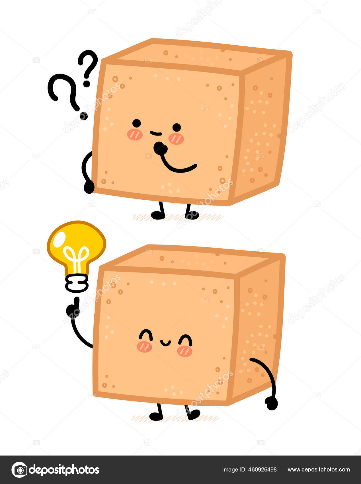 Cute brown cane sugar piece cube character with question mark and idea  lightbulb. Vector flat line cartoon kawaii character illustration. Isolated  on white background. Sugar cube character concept Stock Vector Image by ©
